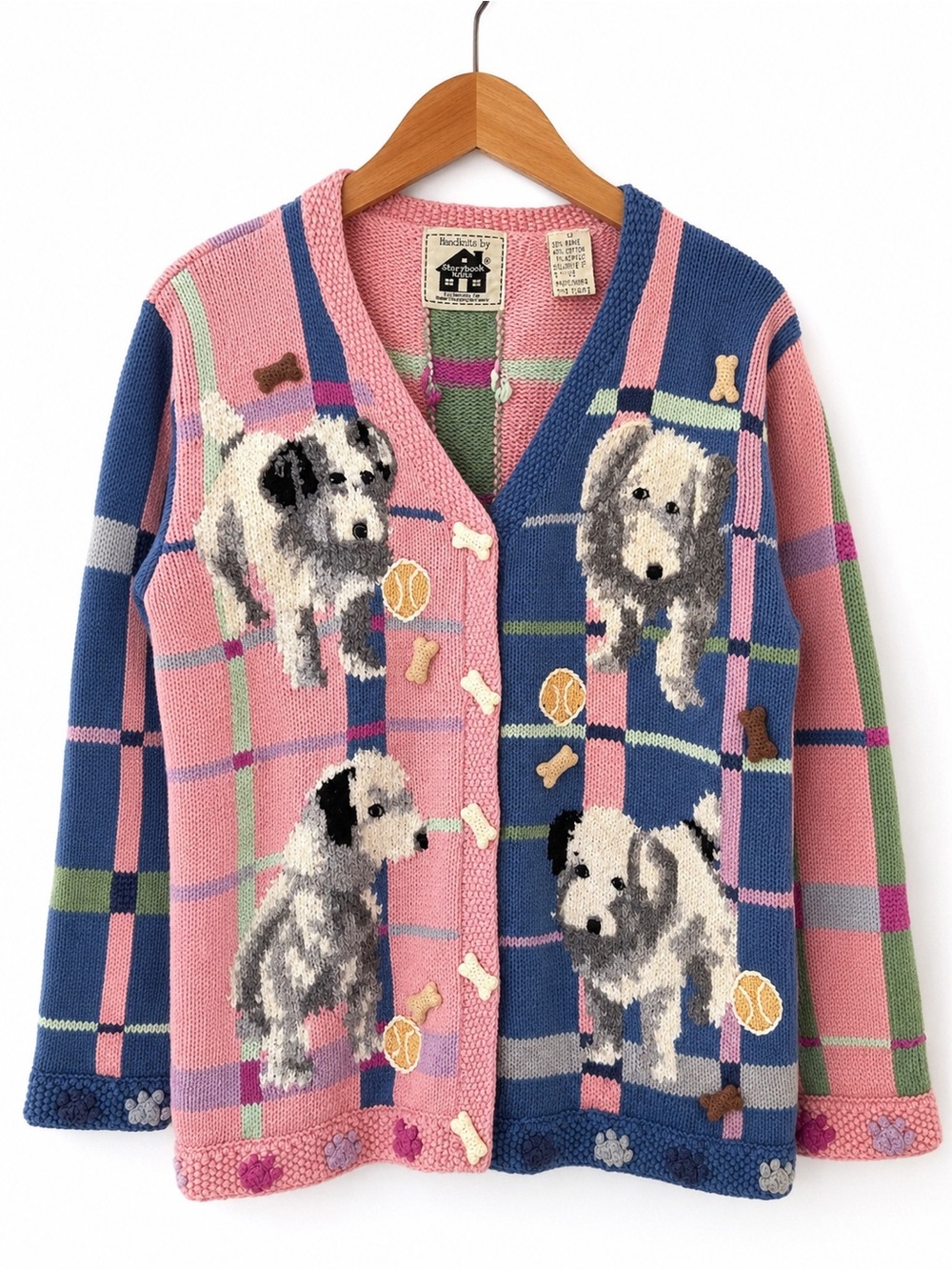 RARE Storybook Knits Vintage Dog Plaid 3D Applique Cardigan Sweater L - Picture 2 of 9